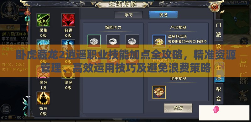 卧虎藏龙2逍遥职业技能加点全攻略，精准资源管理、高效运用技巧及避免浪费策略