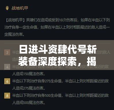 日进斗资肆代号斩装备深度探索，揭秘高效资源管理的艺术与策略