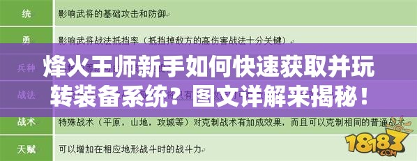 烽火王师新手如何快速获取并玩转装备系统？图文详解来揭秘！